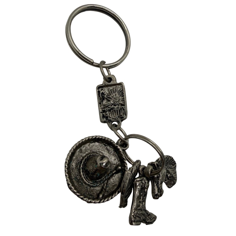 Mexico Tequila Souvenir Keychain Sombrero Cowboy Boot Horse Charms Pewter Tone